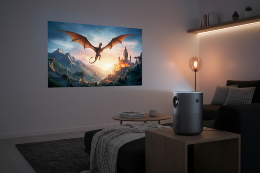 Mini portable home projector projecting a movie in a cozy dark living room