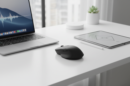 Sleek wireless Bluetooth silent mouse next to a MacBook and iPad on a minimal white desk