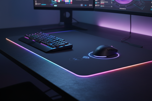 RGB gaming mouse pad with wireless charging glowing on a dark gaming desk setup