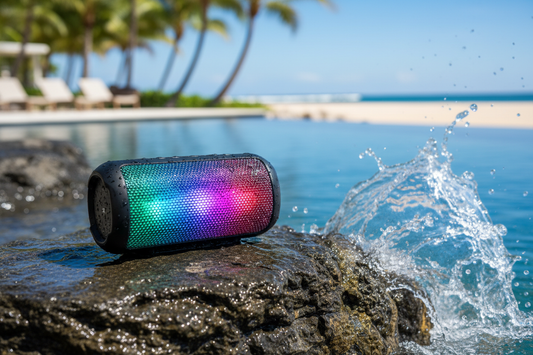 Waterproof Bluetooth speaker with LED lights glowing near a pool outdoors