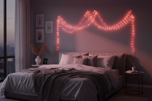 Smart RGB LED curtain string lights glowing pink and purple in a cozy bedroom